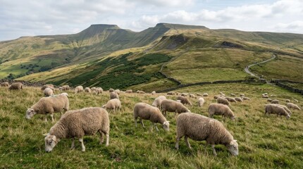 Fototapeta premium Sheep grazing in Brecon Beacons National Park landscape, wildlife or nature subject with calm natural presence, ideal for travel, environment, biodiversity and conservation themed content, authentic