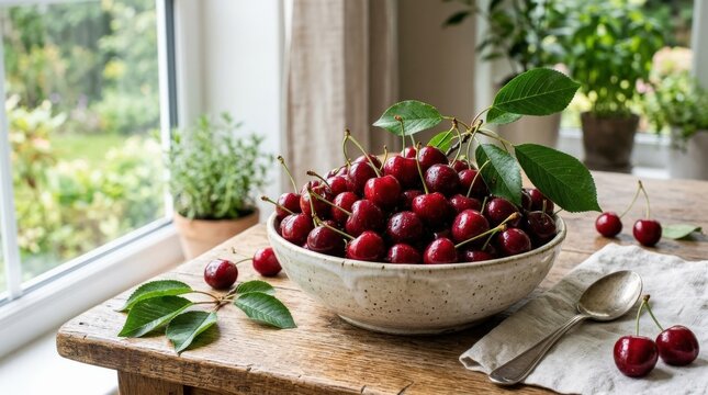 Fresh cherries in a bowl capturing summer abundance, vibrant fruit still life for healthy eating, seasonal produce and food styling themes, rich red tones with natural shine and leaf accents, soft