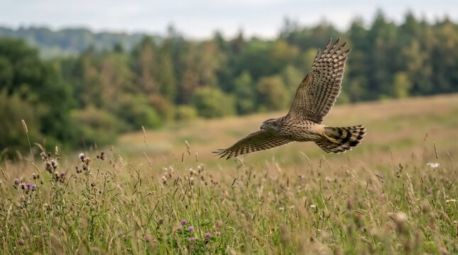 Female northern goshawk flying low over meadow grass, captivating wildlife moment in nature, ideal for stock campaigns, ideal for editorial use, clean commercial composition, premium commercial