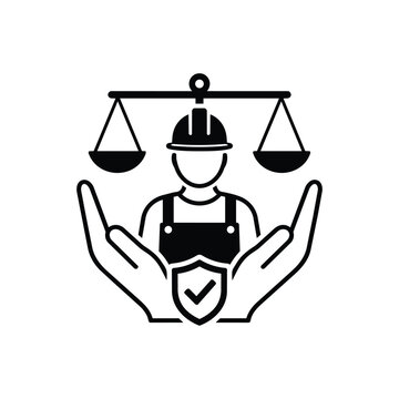 Labor rights safety scale icon with labor rights safety scale and worker shield hands for Social Governance law