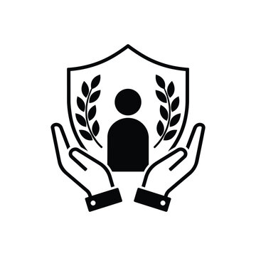 Human rights shield icon with human rights shield and caring hands laurel for Social Governance dignity