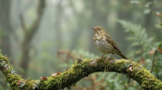 Song thrush perched on mossy branch in misty woodland, captivating wildlife moment in nature, ideal for stock campaigns, ideal for editorial use, clean commercial composition, premium commercial