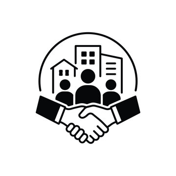 Community partnership handshake icon with community partnership handshake and city people for Social Governance cooperation