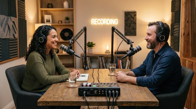 Intimate podcast recording studio with interview setup, professional audio production space featuring microphones, headphones and chairs arranged for conversation, media, broadcasting and content