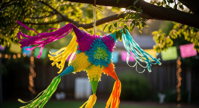 Colorful pi&ntilde;ata hanging from tree branch in festive outdoor setting for Cinco de Mayo celebration