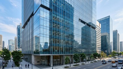Obraz premium Glass facade of a modern corporate building, clean architectural lines, urban business district, office property and real estate branding concept, reflective surface with structured geometry and