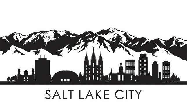 Black and white skyline silhouette of Salt Lake City featuring mountains and Temple Square architecture. Minimal, no people. Bottom: "Salt Lake City" lettering.