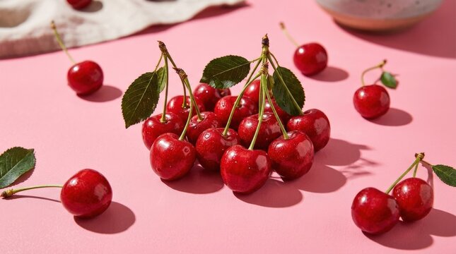 Fresh cherries casting shadows on a pink background, vibrant fruit still life for summer food advertising, healthy snack branding and seasonal editorial use, glossy red produce with playful sunlight