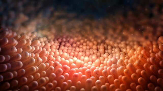 Detailed animation showing the intestinal villi lining the walls of the small intestine. Microvilli on the surface of enterocytes are responsible for the absorption of nutrients