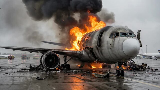 Commercial passenger jet burning on airport runway after catastrophic crash, intense flames and thick black smoke rising from fuselage as emergency crews rush toward wreckage