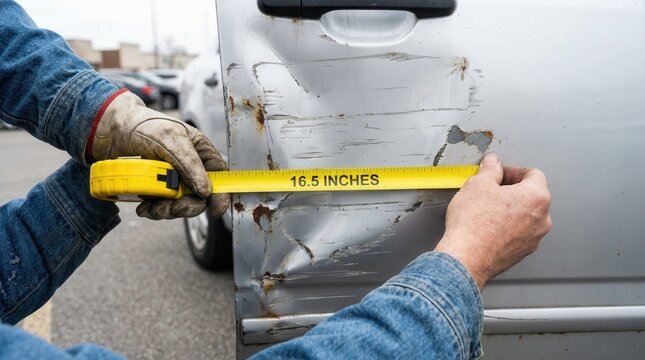 Insurance assessor using a yellow tape measure to evaluate a large dent and scratch on a car door
