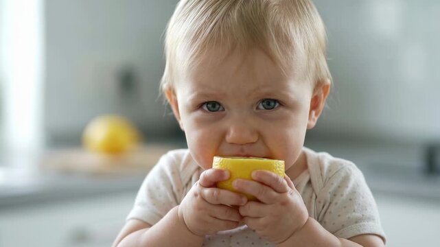 Cute little baby grimacing and making funny faces while tasting a sour lemon for the first time, experiencing new tastes and developing sensory skills during early childhood development