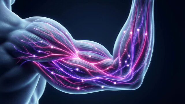 Digital animation of a human arm flexing, visualizing the intricate network of nerves and blood vessels within the muscle tissue, conceptualizing strength, biology, and human anatomy