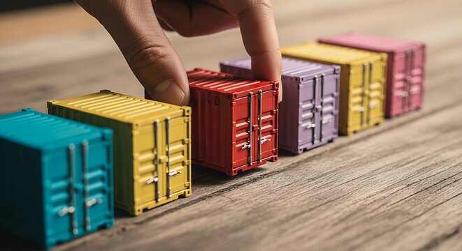 Hand placing red miniature shipping container among colorful freight transport units lined up on rustic wooden table.