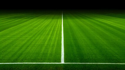 Obraz premium Empty football pitch with central white line and green grass under night stadium lights football competition training