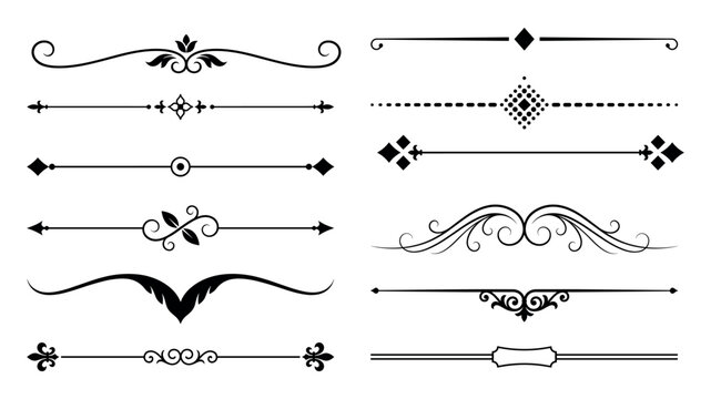 Set of decorative dividers and borders in black and white ornate floral and geometric styles.