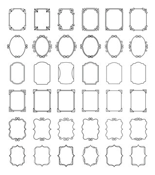 Set of decorative frames and page borders for graphic design projects in linear style art.