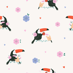 Naklejka premium Seamless pattern with cartoon toucan families and flowers on light background