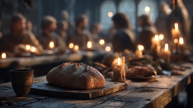 Medieval people gather around a rustic wooden table with a warm candlelit dinner