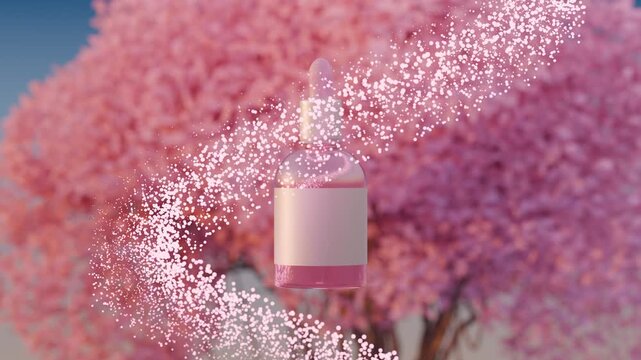 Dreamy render of a pink dropper bottle floating among cherry blossoms with soft particles. Romantic tones and ethereal styling make this image perfect for beauty, skincare, and fragrance branding.