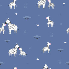 Obraz premium Seamless pattern with cartoon zebra families and acacia trees on blue background