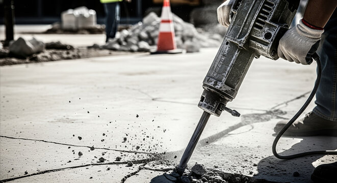 Worker uses jackhammer to break concrete sidewalk, creating dust and debris in urban construction zone.