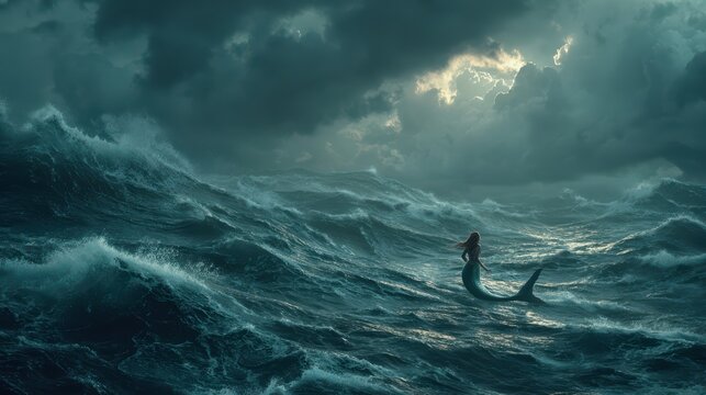 Realistic 8K photo of mermaid in rough ocean, waves curling high, storm clouds overhead