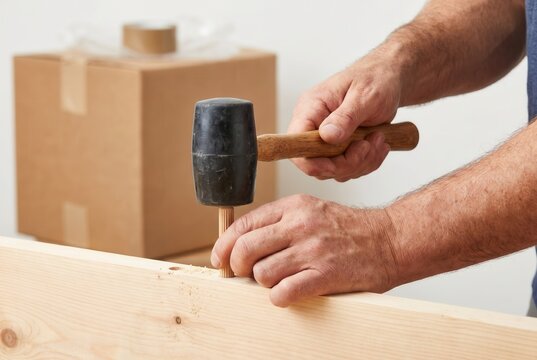 Carpenter hitting wooden dowel pin into pine board using black rubber mallet