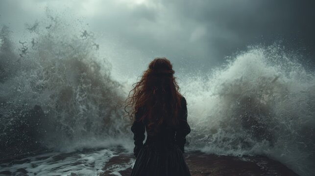 Realistic stormy ocean photography, mermaid against massive waves, dark dramatic mood, 8K