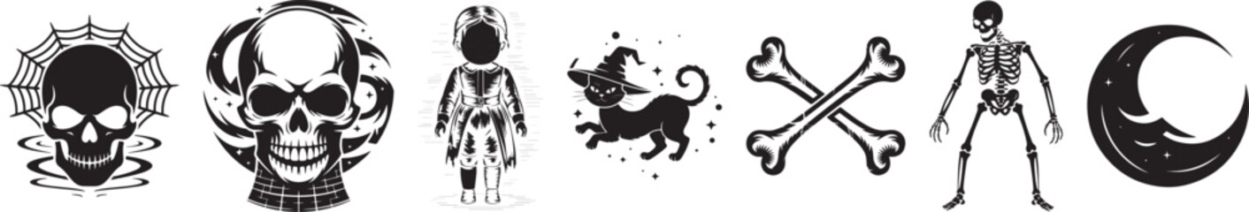 Fototapeta premium Halloween Silhouette Vector Icon Set – Spooky Black Shape Collection for Horror Party and Autumn Festival Design