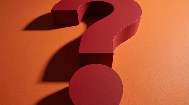 Close-up perspective of a bold red 3D question mark casting hard shadows on an orange background. Concept for FAQ, help, and problem solving. Minimalist Color Block Concept Series.
