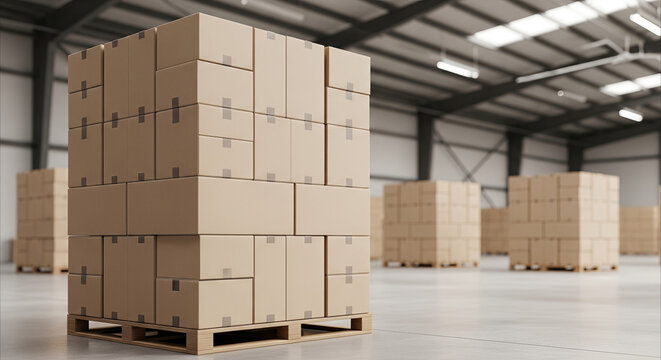 Stacked cardboard boxes on a pallet in a modern warehouse, organized for storage and logistics with copy space