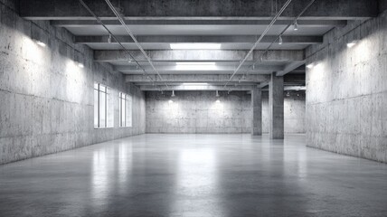 Naklejka premium Modern Industrial Concrete Empty Warehouse Space with Natural Light and Artificial Illumination