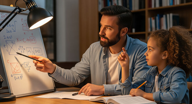 Dedicated tutor explaining complex math equations to an engaged young student in a cozy library setting