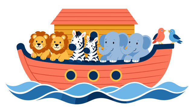Noahs ark carrying lions zebra elephants birds across waves in cheerful cartoon style for bible education nursery decor storybook design faith lessons classroom posters family content