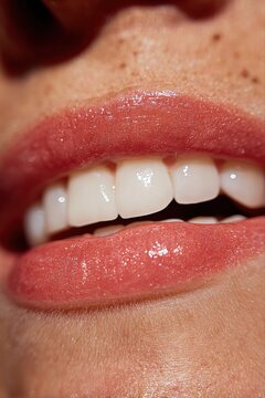 Close up of a smiling woman's lips with natural shine and subtle freckles, showcasing healthy teeth and glossy lip product