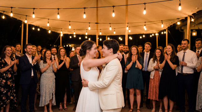 Newly married couple shares first dance surrounded by cheering guests under string lights showing joyful same sex wedding celebration commitment romance community support plus love