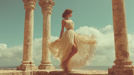 Naklejka premium Elegant woman in flowing dress posing amidst ancient stone columns with a cloudy sky backdrop