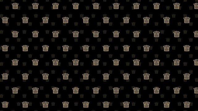 Animated Seamless Pattern Of Gold Crown Symbols With Parallax Animation On A Dark Background, 4K Seamless Loop, 16:9 Horizontal Video