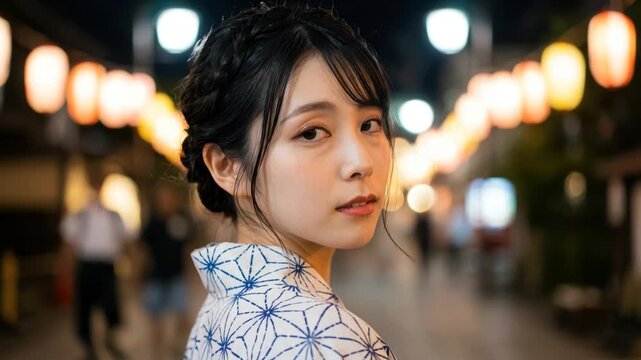 浴衣姿で待ち合わせ場所に立ち微笑む若い女性