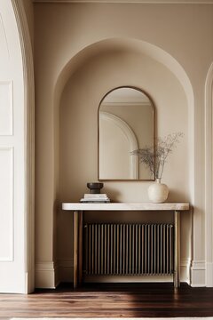 Elegant Archway Entryway with Console Table, Mirror, and Decorative Vase Display