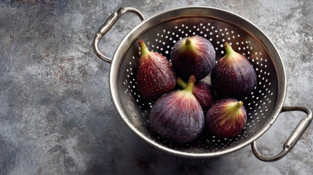 Ripe figs sat in a colander on a gray surface, viewed from above.