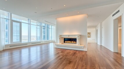 Obraz premium Spacious Luxury Apartment Living Room with Modern Fireplace, Hardwood Floors, and Panoramic Window Views