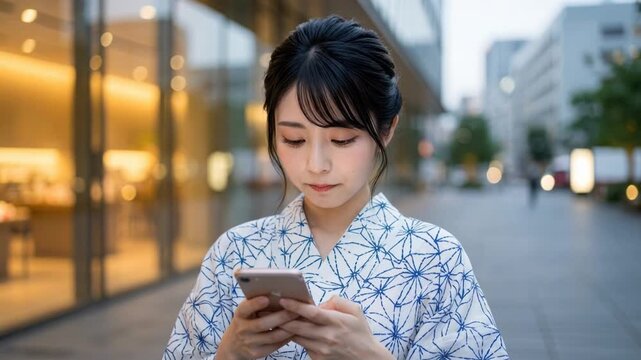 夏祭りの夜に浴衣姿で見つめ合う若いカップル