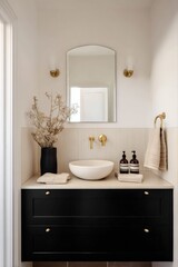Fototapeta premium Modern Bathroom Vanity with Vessel Sink, Black Cabinet, and Gold Fixtures - Elegant Home Decor