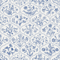 Naklejka premium Flowers of the Meadow. Floral trellis. Vintage seamless floral pattern. Blue and white