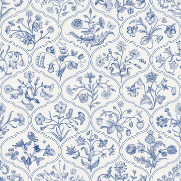 Flowers of the Meadow. Floral trellis. Vintage seamless floral pattern. Blue and white