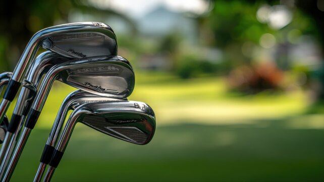 Closeup Shot of Golf Clubs Resting on a Lush Green Golf Course with Blurred Natural Background