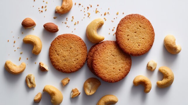 Snackers enjoy yummy cashew cookies and nuts on a clean white surface.