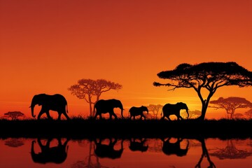 Fototapeta premium African Sunset Silhouette of Elephant Family Walking by Water Reflecting Vibrant Orange Sky